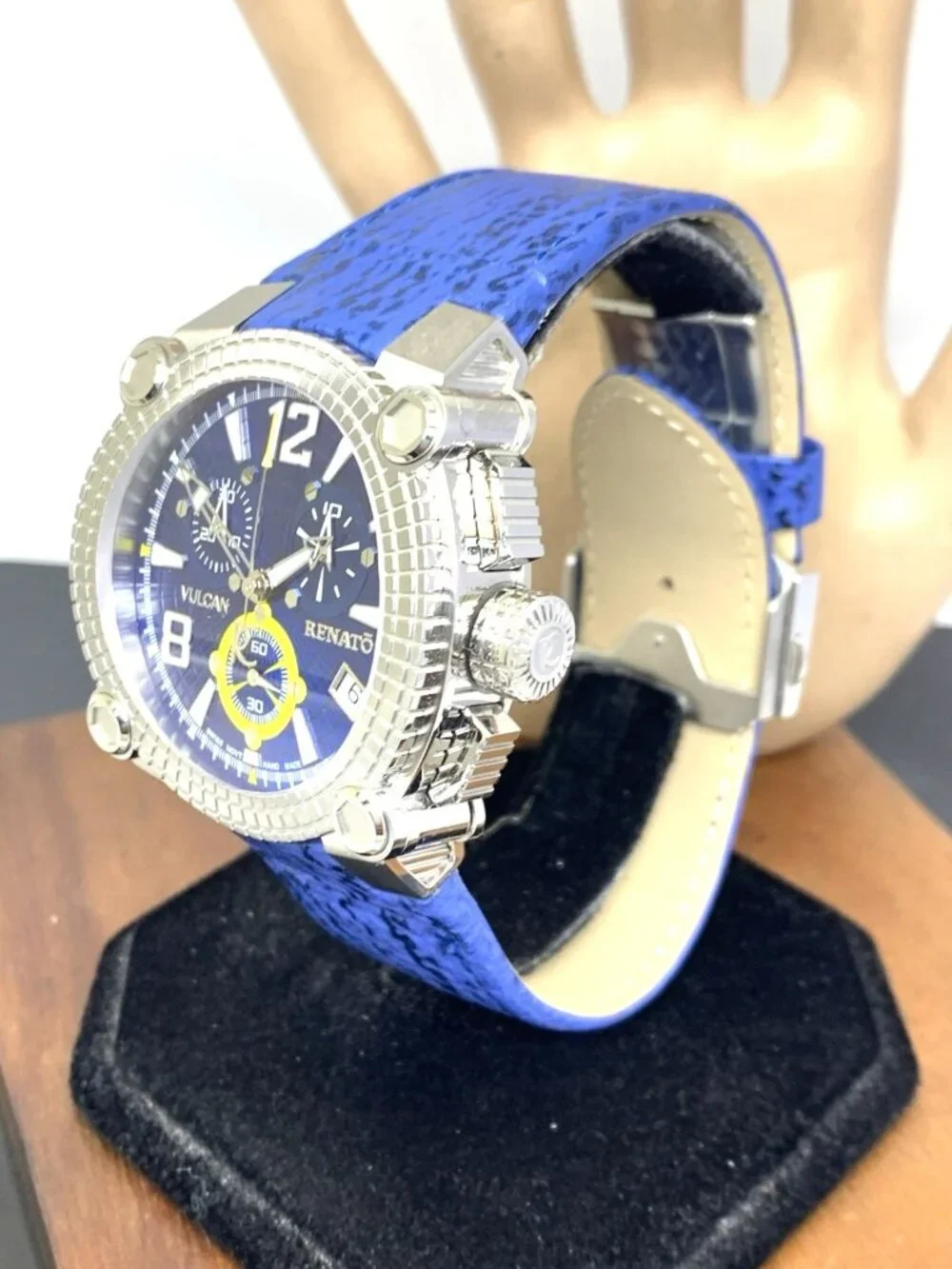 Renato Vulcan Men's Watch Swiss Quartz Chronograph Blue Dial Leather Strap 46mm